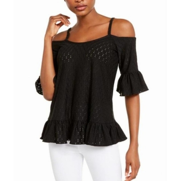 Michael Kors Blouse Black Cold Shoulder Eyelet Ruffle Top Size XS (loose… - Picture 1 of 5